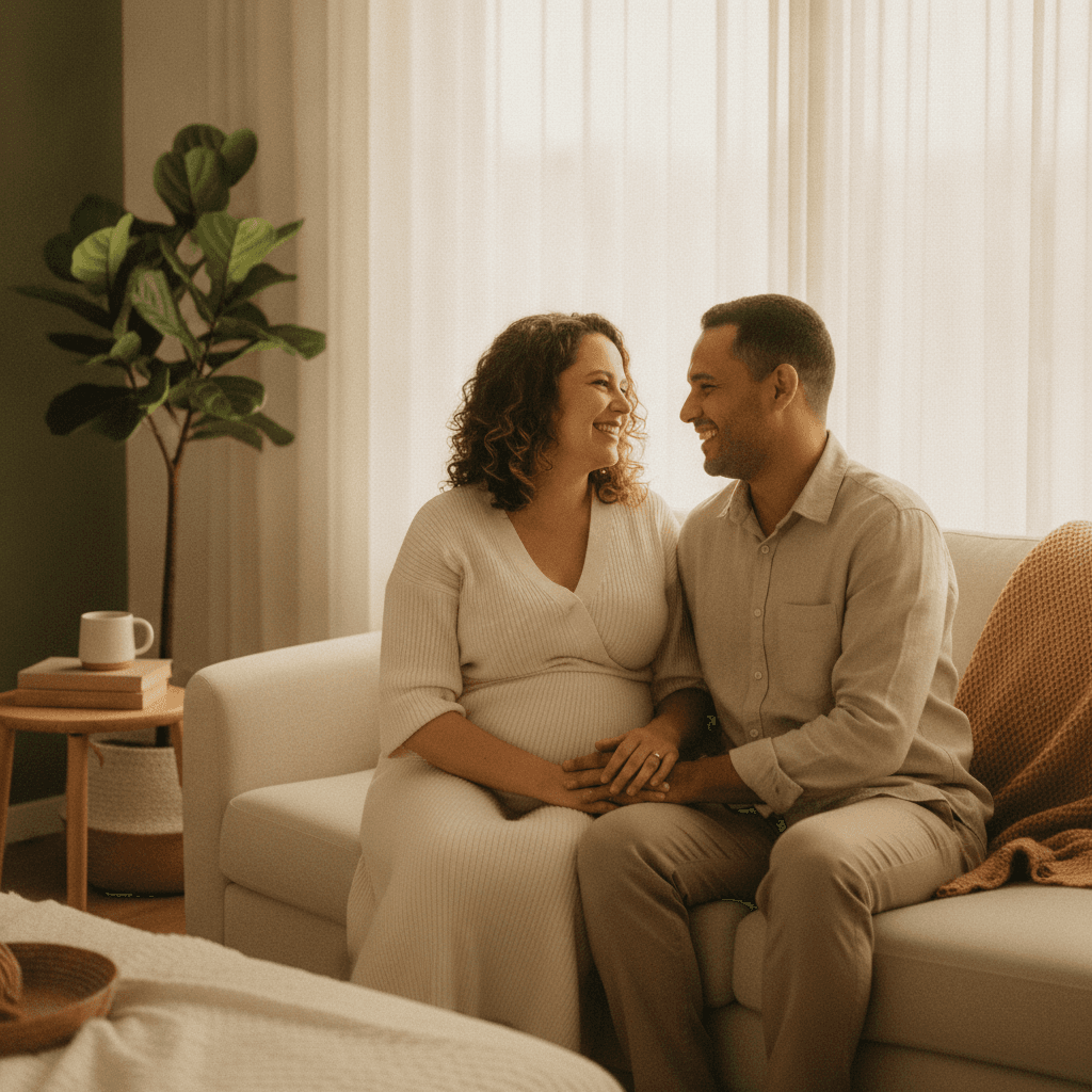 Casal esperando um bebê, com as mãos na barriga