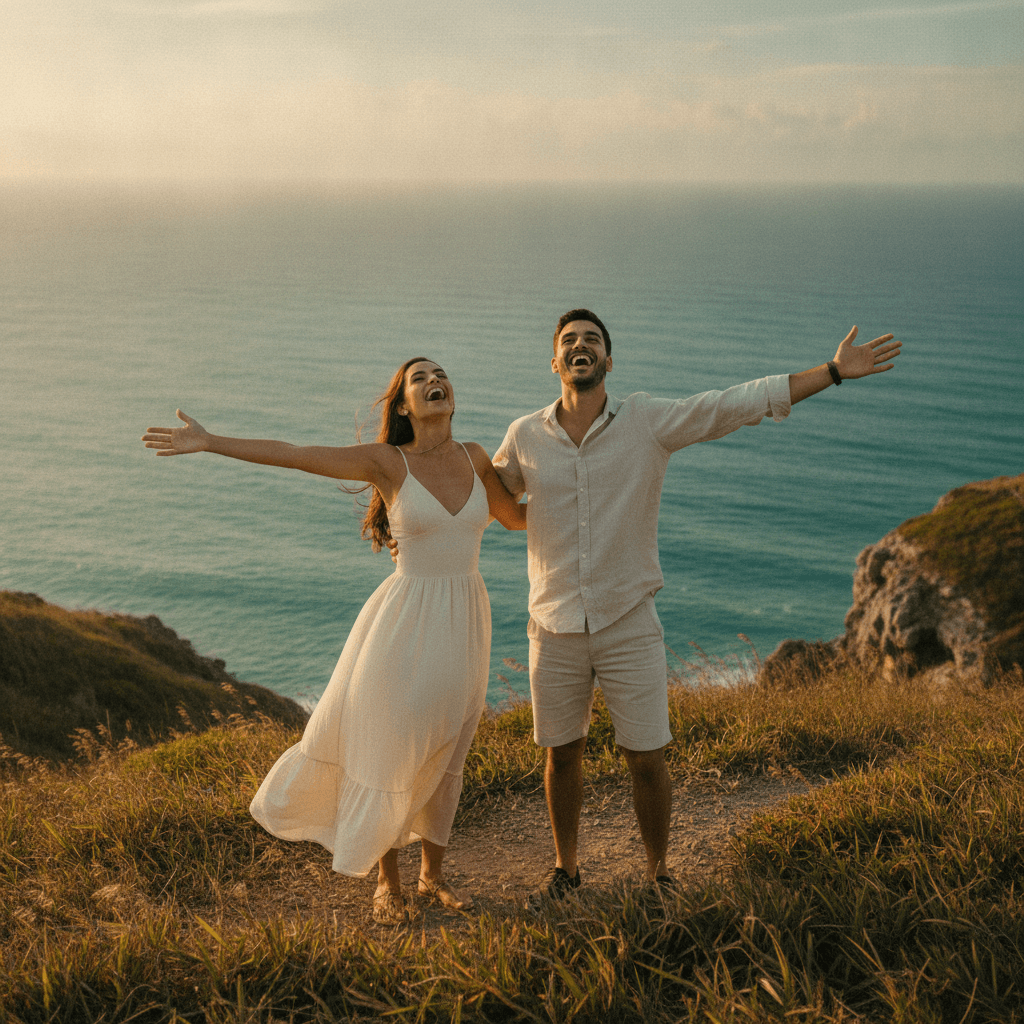 Casal numa viagem, à beira-mar, de braços abertos